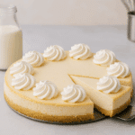 Baked Philadelphia cheesecake topped with whipped cream