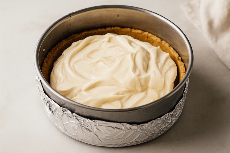 Philadelphia Cheesecake Filling Recipe: Creamy, Classic & Foolproof 9 Cheesecake batter poured into prepared crust in foil-wrapped pan