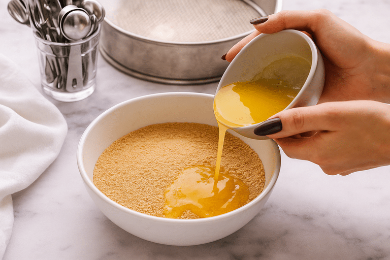 Philadelphia Cheesecake Filling Recipe: Creamy, Classic & Foolproof 5 Pouring melted butter into graham cracker crumbs for cheesecake crust