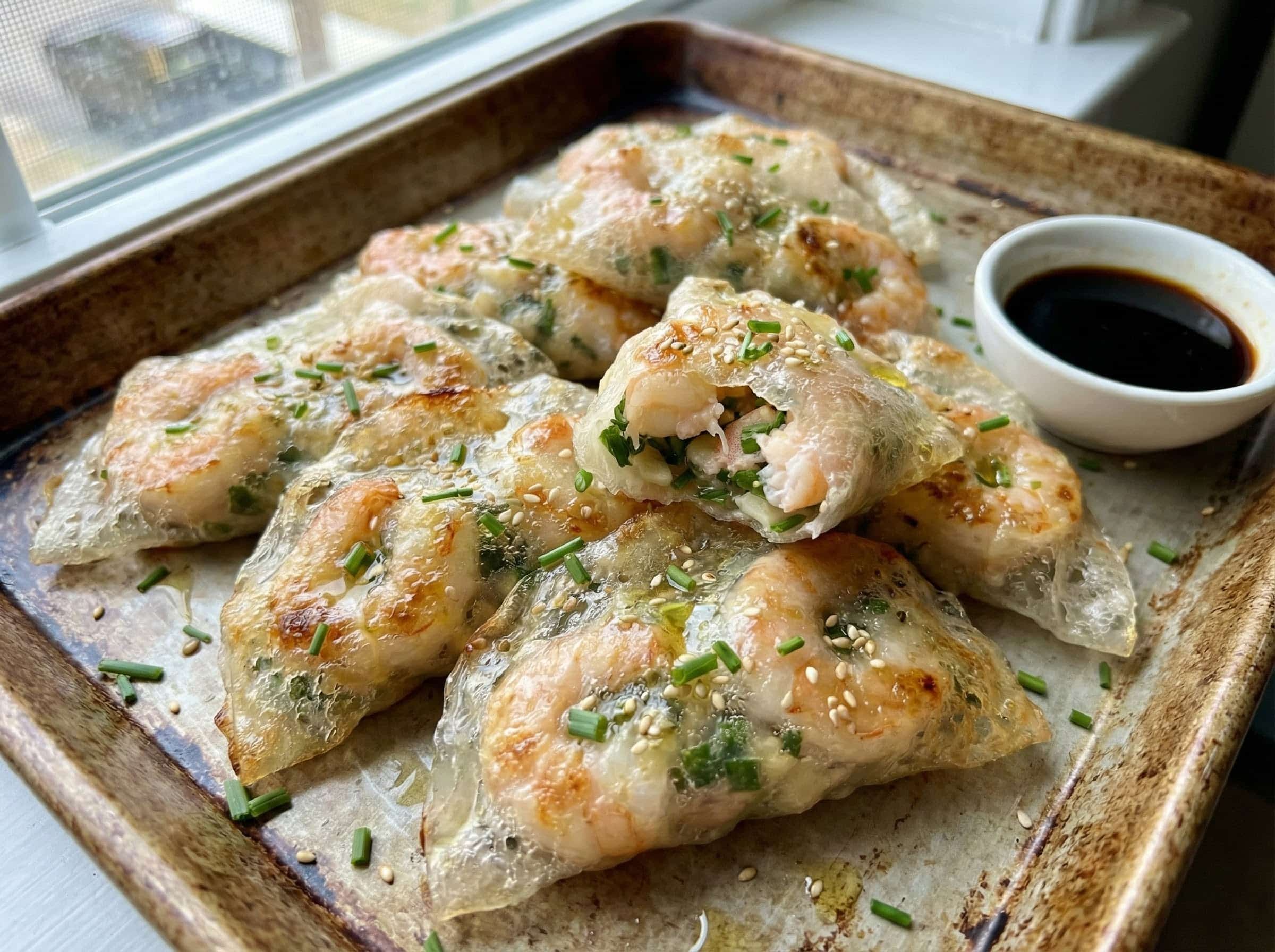 Baked shrimp and chive rice paper dumplings