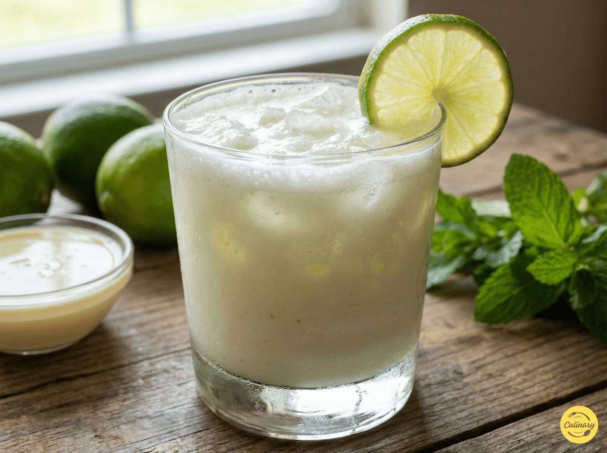 Brazilian Lemonade (Brazilian Limeade) - Sweetened Condensed Milk Limeade 1 Brazilian Lemonade glass with lime wedges