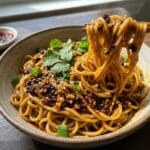 Chili crisp noodles in a rustic bowl