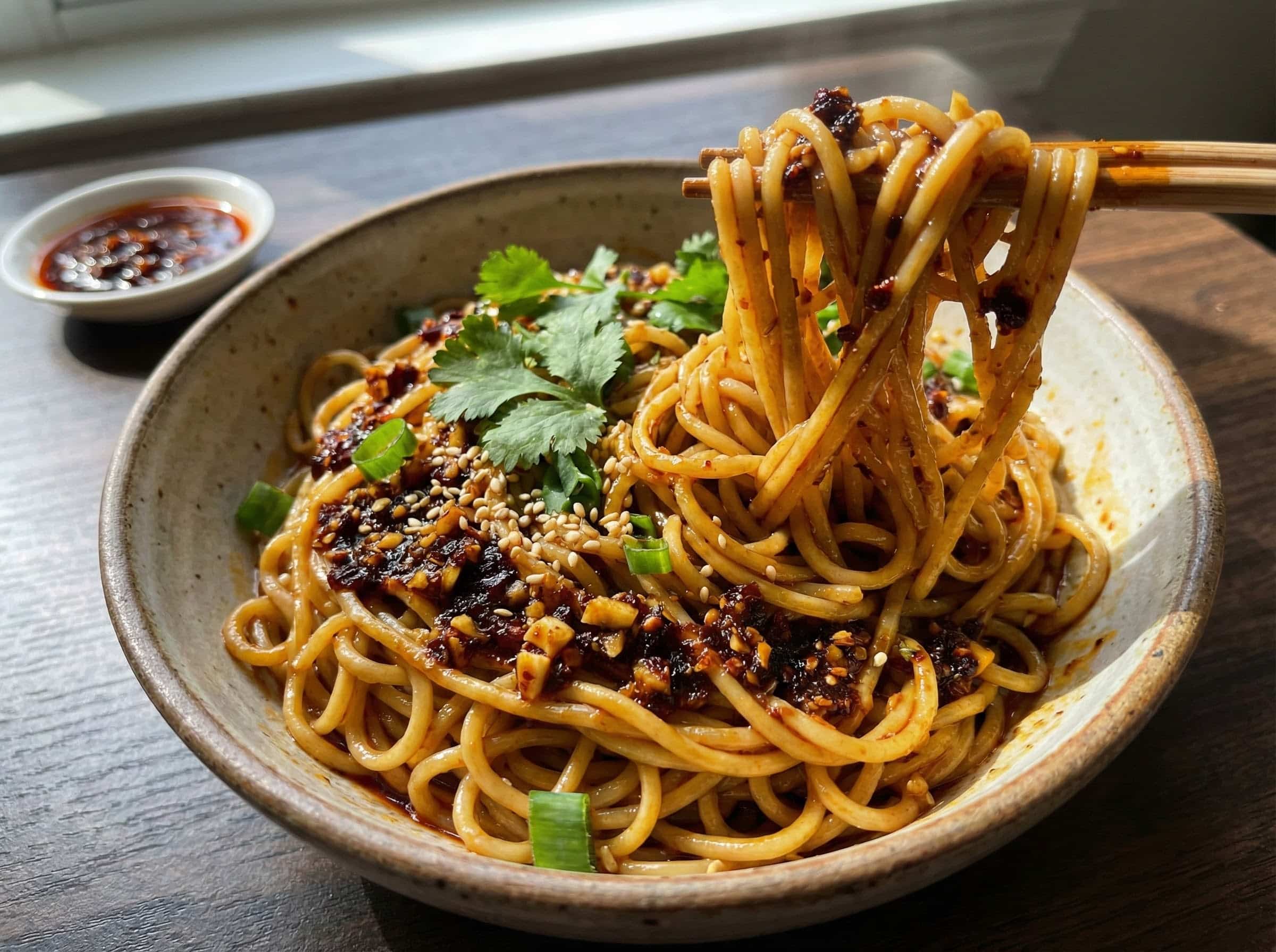 Chili crisp noodles in a rustic bowl