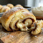 Churro Cheesecake - Cinnamon Cream Cheese Crescents 3 Churro Cheesecake stack with caramel glaze