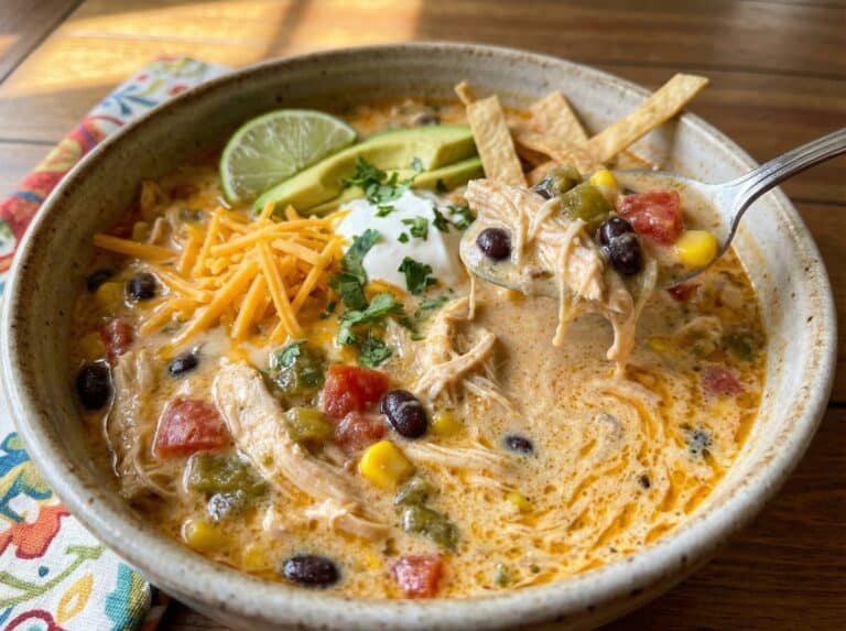 Creamy Chicken Tortilla Soup in bowl with tortilla strips