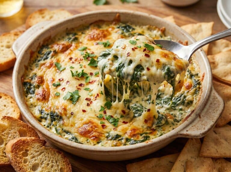 Creamy Spinach Dip in rustic casserole