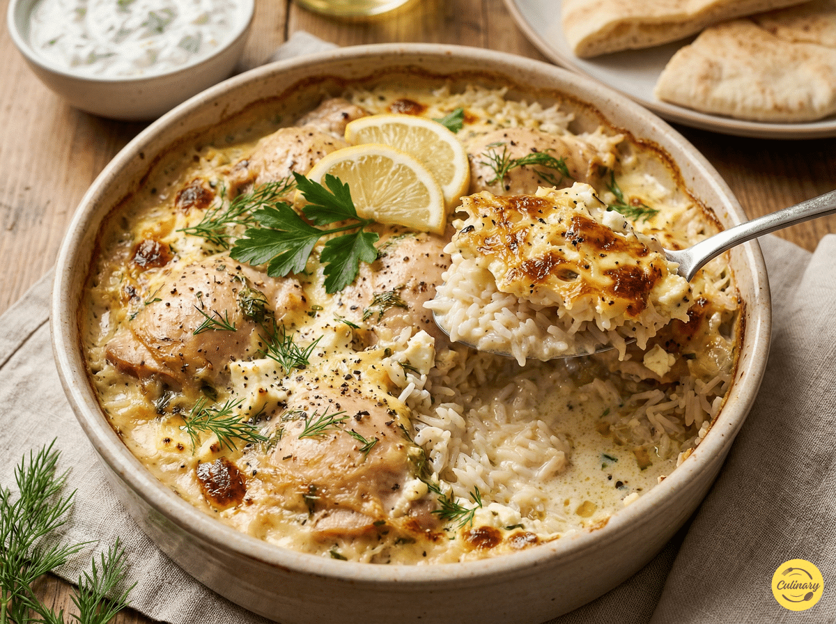 Creamy Greek Dump-and-Bake Chicken with Tzatziki Rice 2 Dump-and-Bake Chicken Tzatziki Rice dish