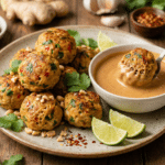 Easy Thai Baked Chicken Meatballs - Spiced Chicken Meatballs with Peanut Dipping Sauce 3 Easy Thai Baked Chicken Meatballs on a white plate