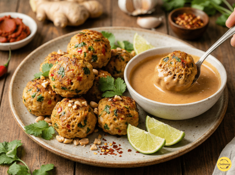 Easy Thai Baked Chicken Meatballs on a white plate