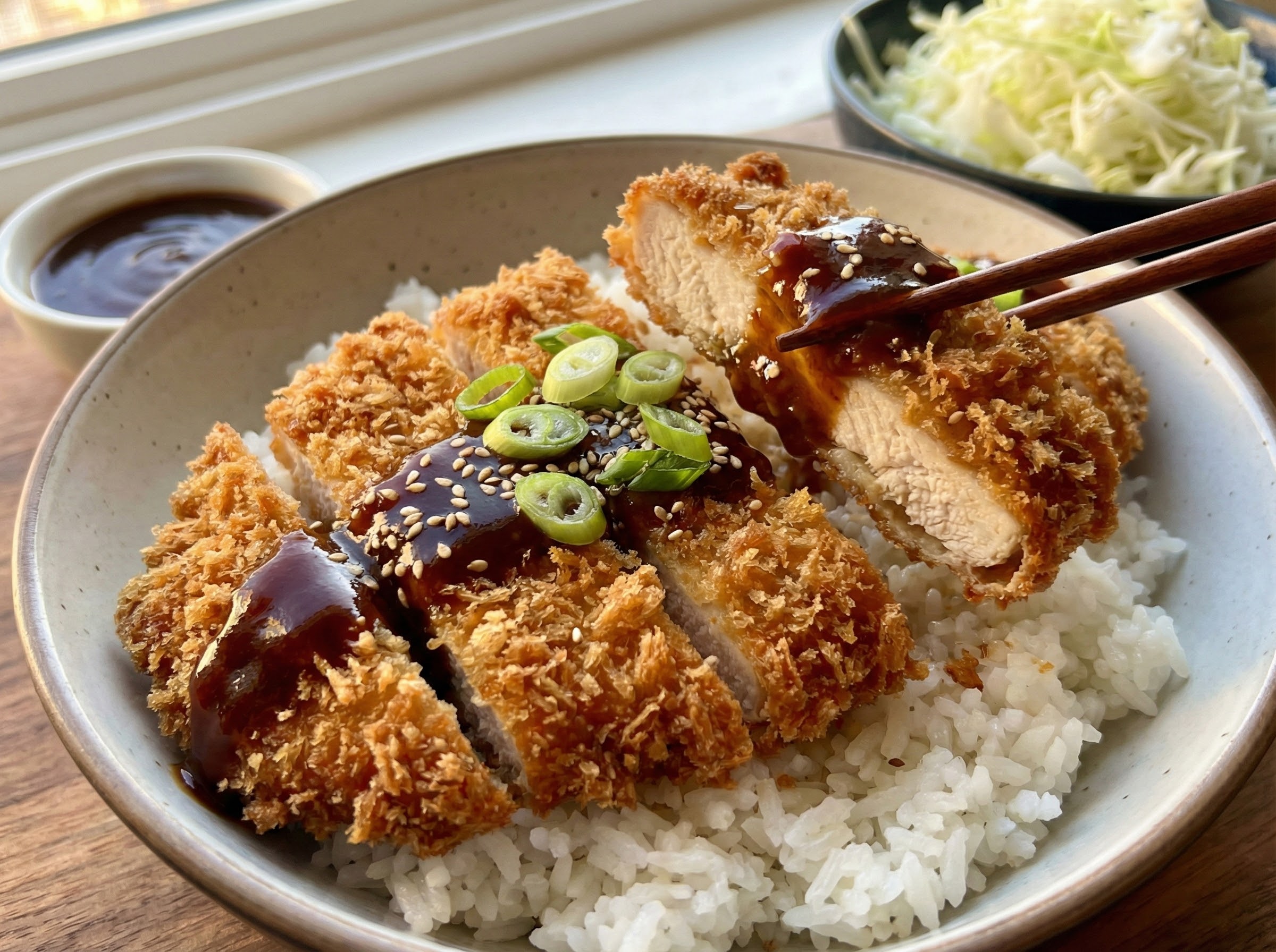 Japanese Katsu Bowls with Tonkatsu Sauce 2 Japanese Katsu Bowls with Tonkatsu Sauce - glossy fried chicken on rice