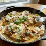Marry Me Chicken - Creamy Garlic Chicken with Sun-Dried Tomatoes 9 Marry Me Chicken skillet with pale-yellow cream sauce