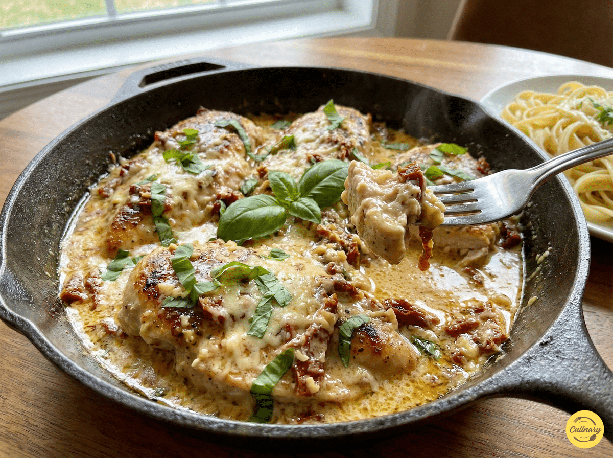 Marry Me Chicken - Creamy Garlic Chicken with Sun-Dried Tomatoes 6 Marry Me Chicken skillet with pale-yellow cream sauce