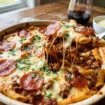 Pizza Pasta Casserole slice with pepperoni and mozzarella