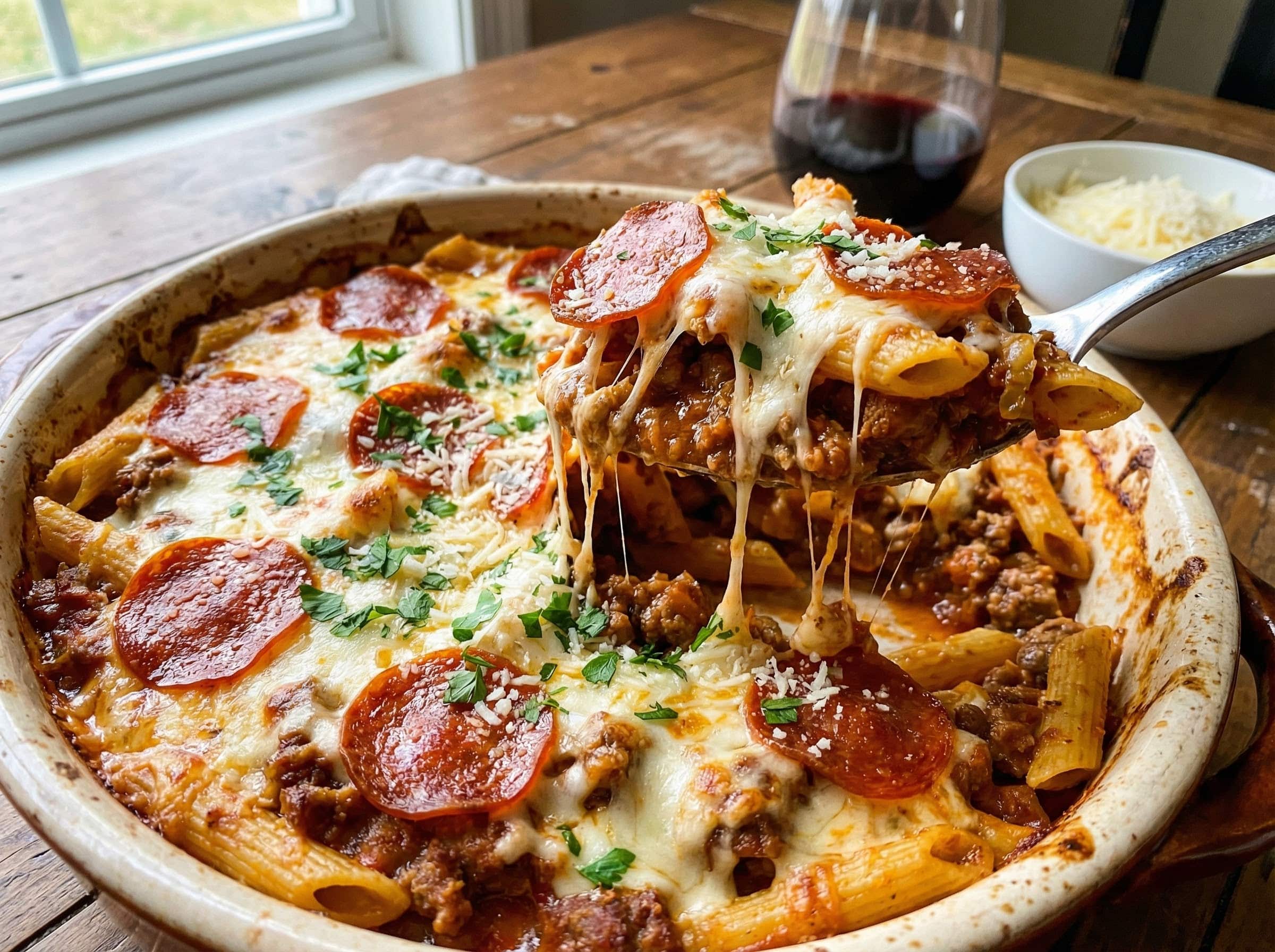 Pizza Pasta Casserole slice with pepperoni and mozzarella