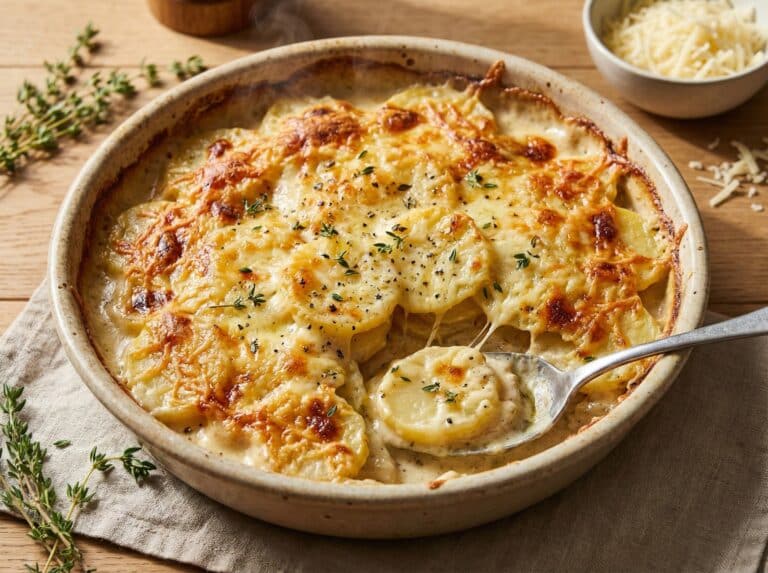 Potatoes au Gratin Dauphinoise in dish with melted cheese