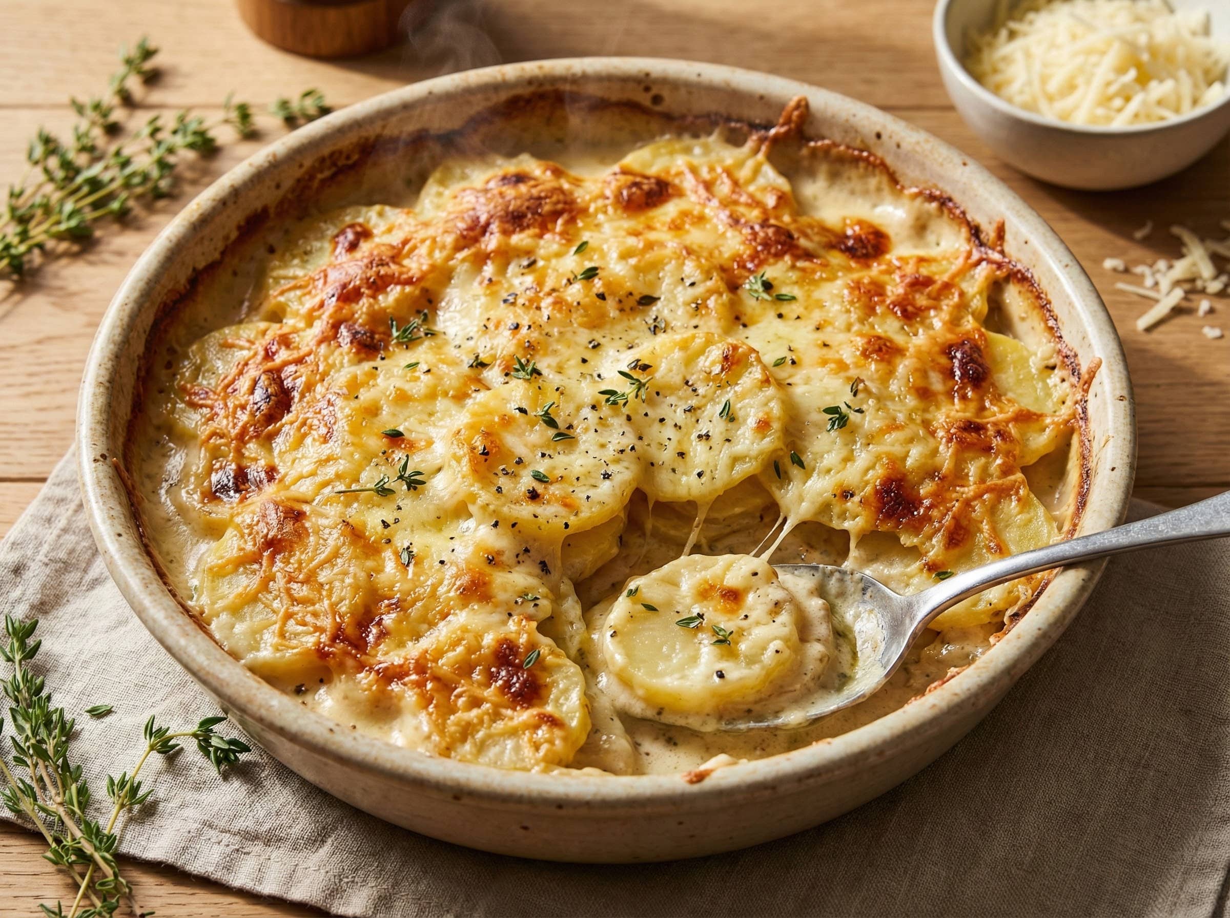 Potatoes au Gratin Dauphinoise in dish with melted cheese