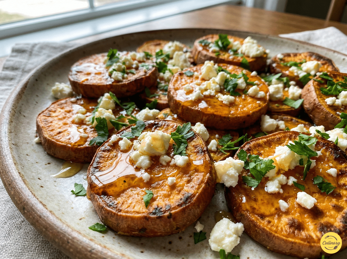 Roasted Sweet Potato Rounds with Honey & Feta 1 Roasted Sweet Potato Rounds with Honey & Feta