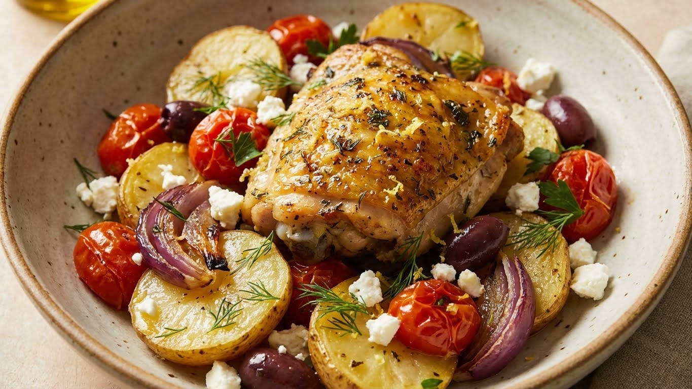 Sheet Pan Greek Chicken - Lemon-Herb Chicken with Roasted Potatoes and Tomatoes 4 Sheet Pan Greek Chicken with potatoes and vegetables