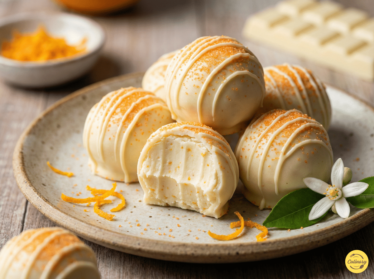 White Chocolate Orange Creamsicle Truffles 2 White Chocolate Orange Creamsicle Truffles on tray