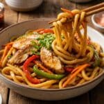 Yaki Udon Noodle Recipe in glossy caramel sauce