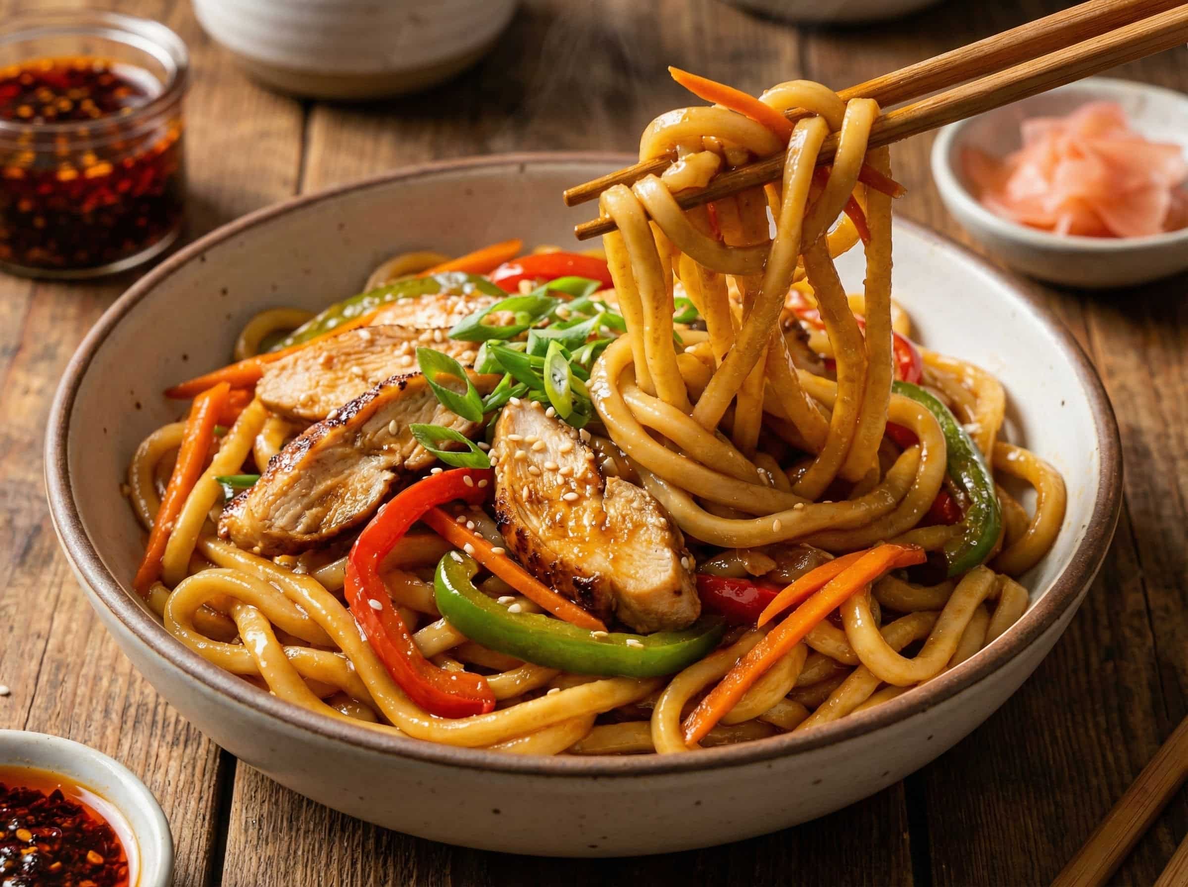 Yaki Udon Noodle Recipe in glossy caramel sauce