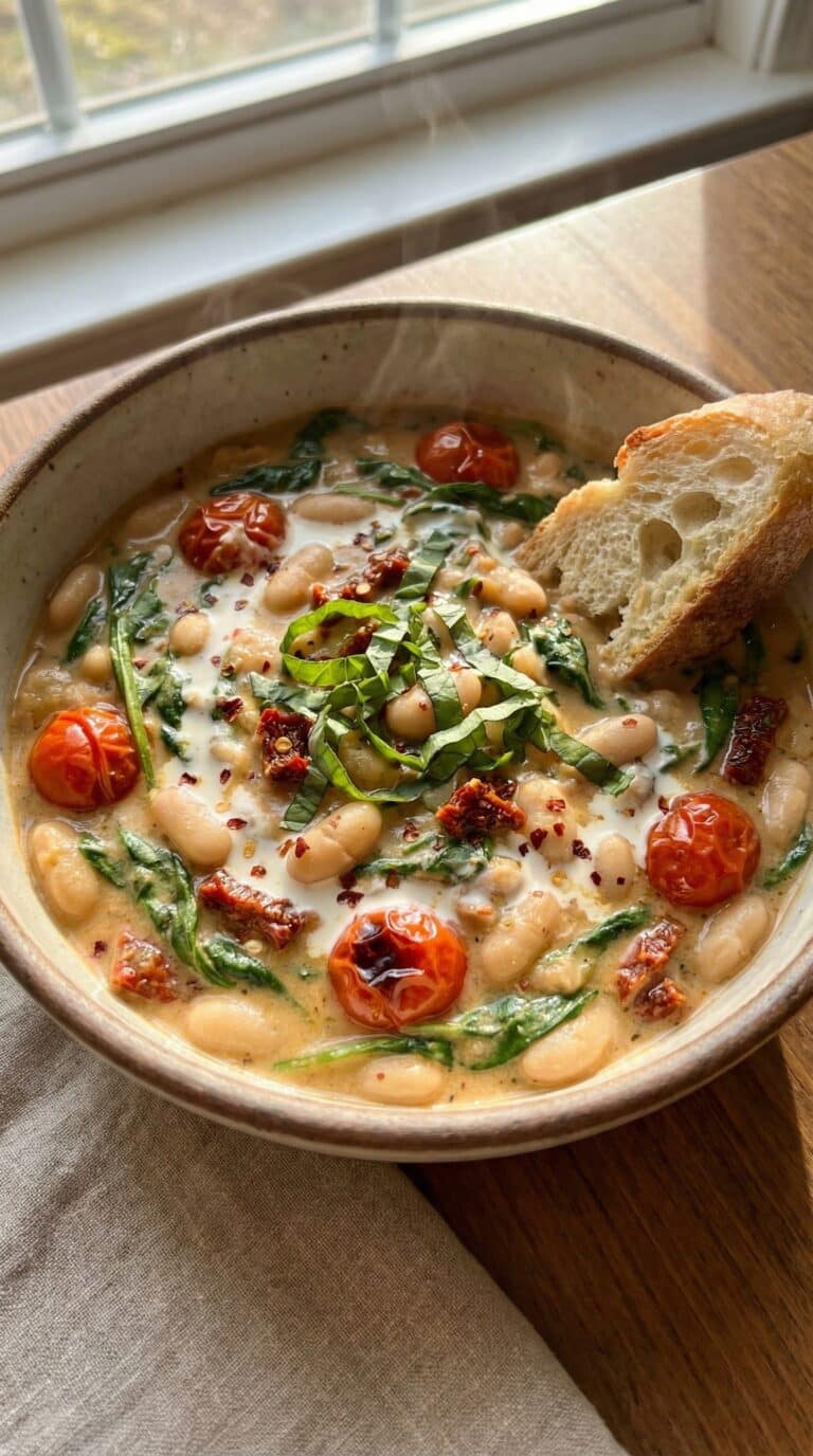 Creamy Tomato White Bean Stew in home kitchen