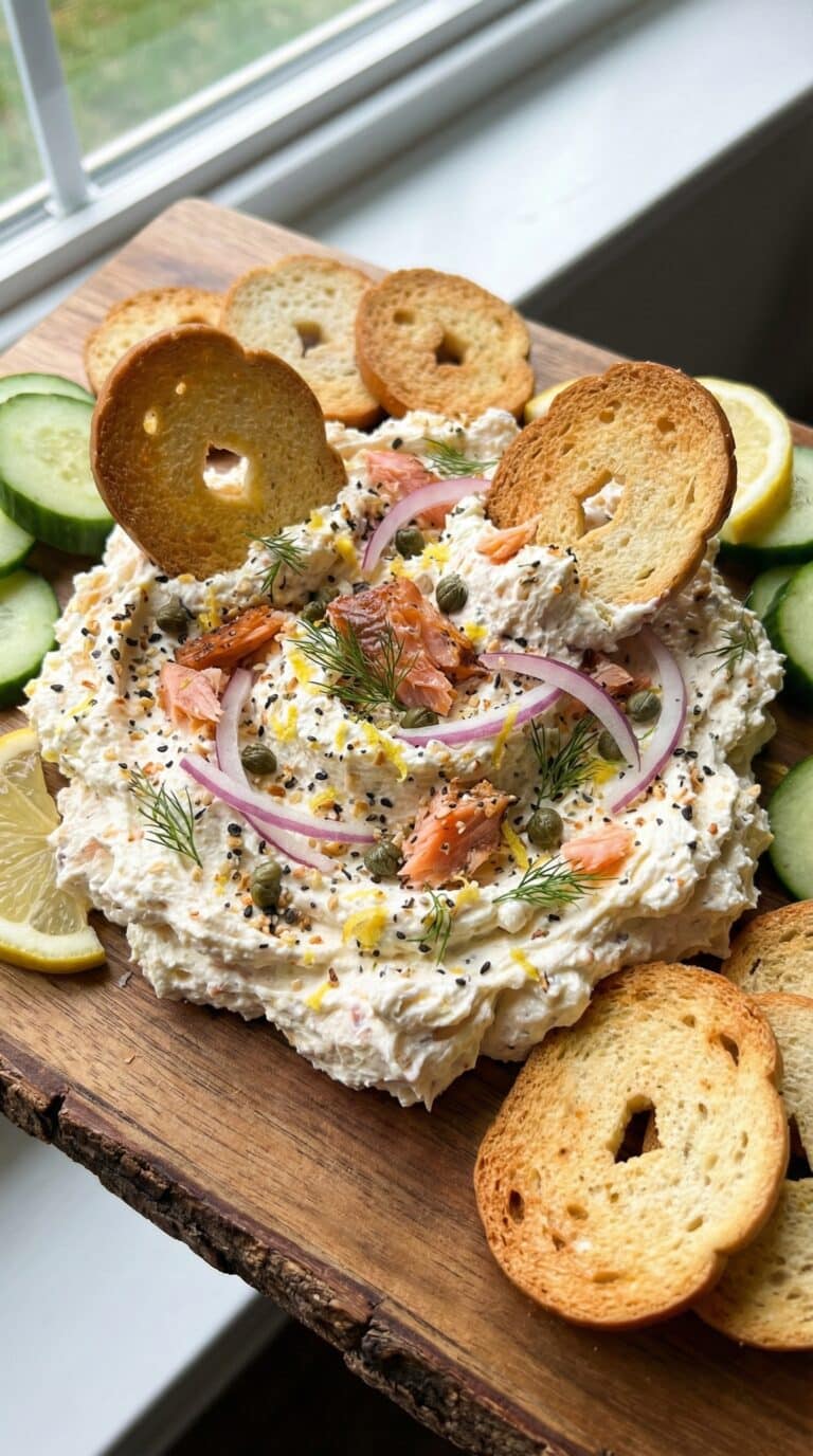 Smoked Salmon Bagel Dip on beige countertop