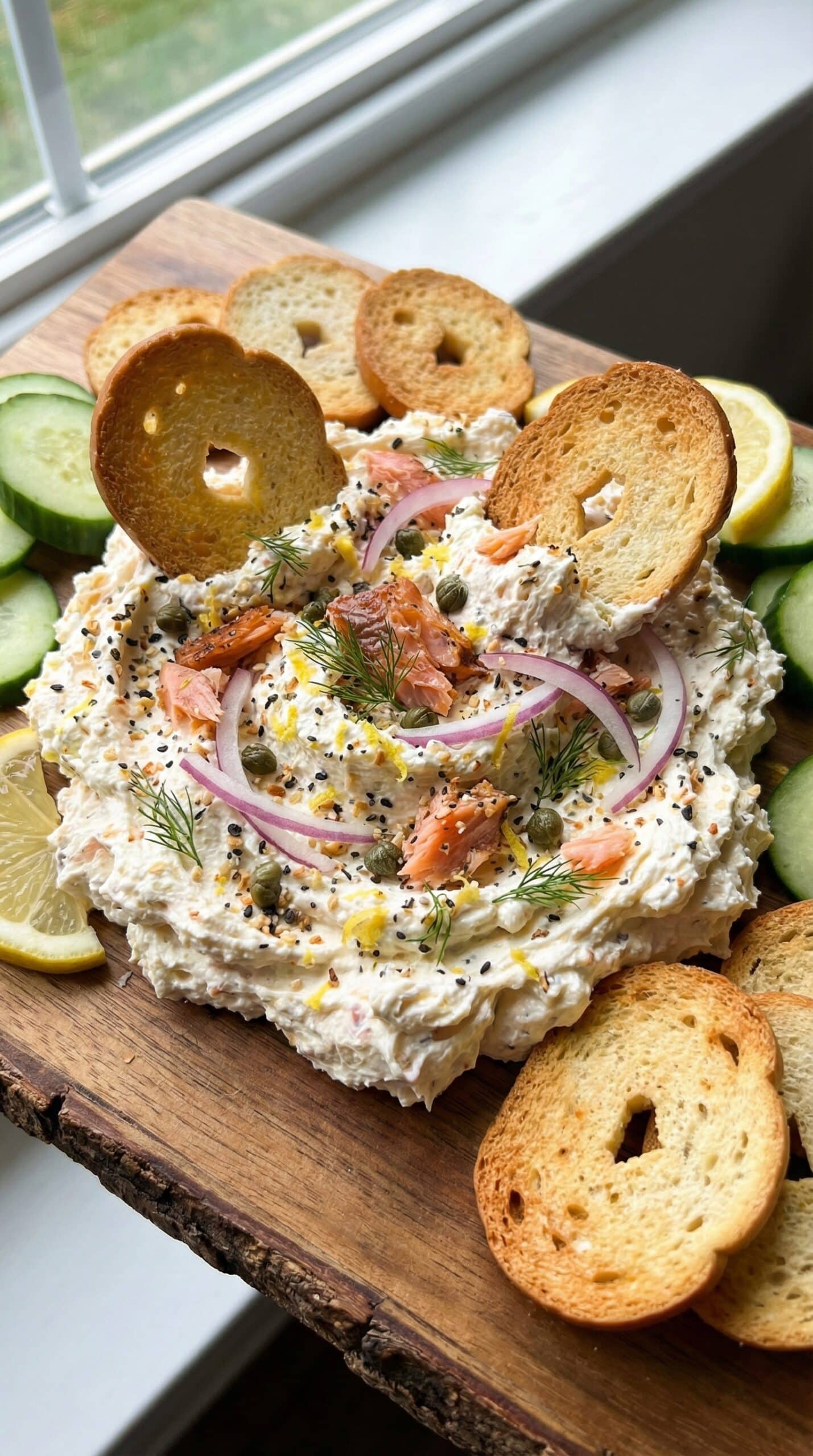 Smoked Salmon Bagel Dip on beige countertop